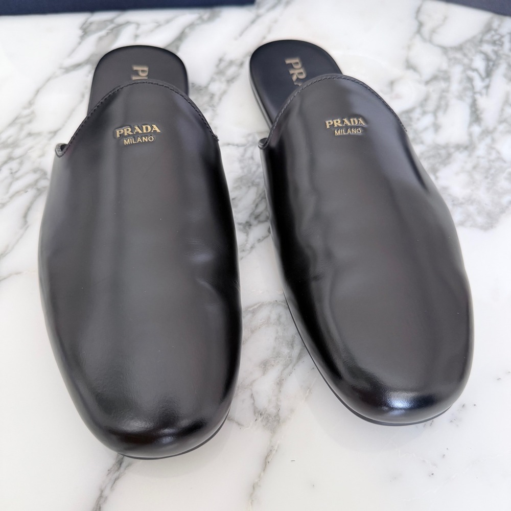 Prada Milano Black Leather Mule Slides Gold Logo Slip On Flat Shoes Mens UK7 - Picture 5 of 13